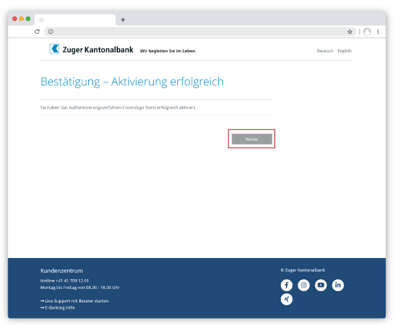 Bestätigung CrontoSign Aktivierung
