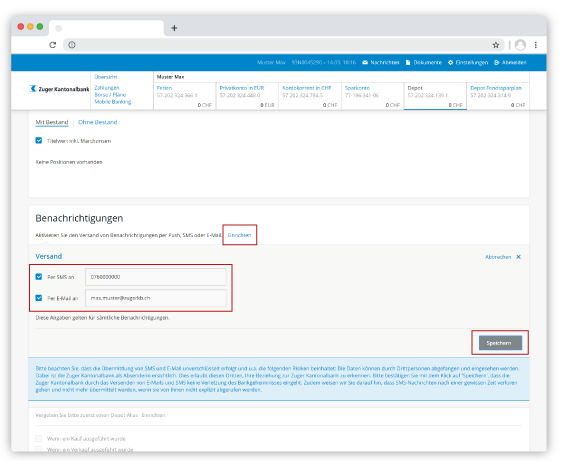 Benachrichtungen E-Mail und Mobiltelefonnummer hinterlegen