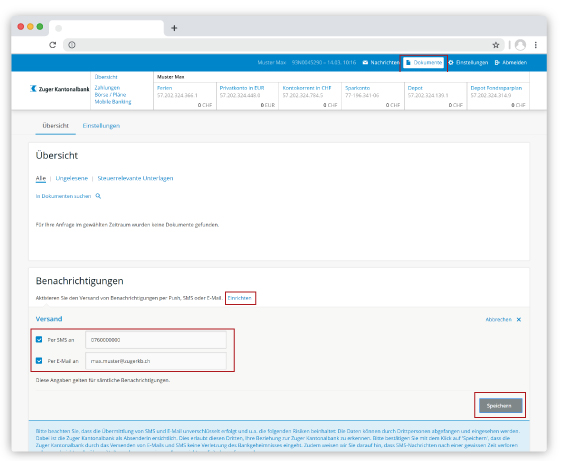 E-Banking Dokumentbenachrichtigungen Kontaktdaten