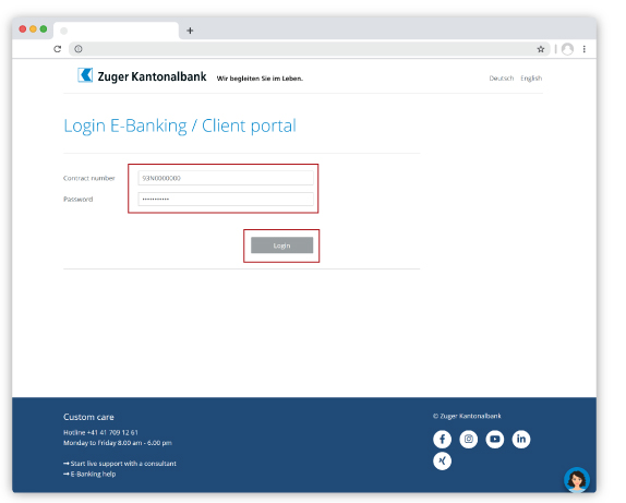 E-banking login with agreement number and password