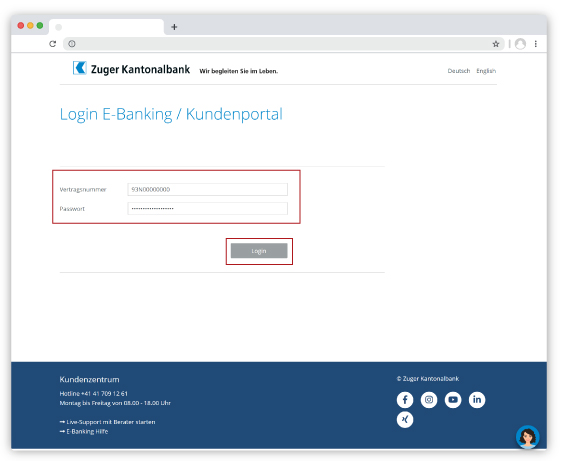 E-Banking Login mit Vertragsnummer und Passwort