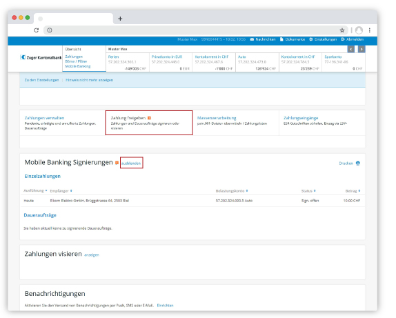 Mobile Banking Zahlungen Signieren - Zuger Kantonalbank