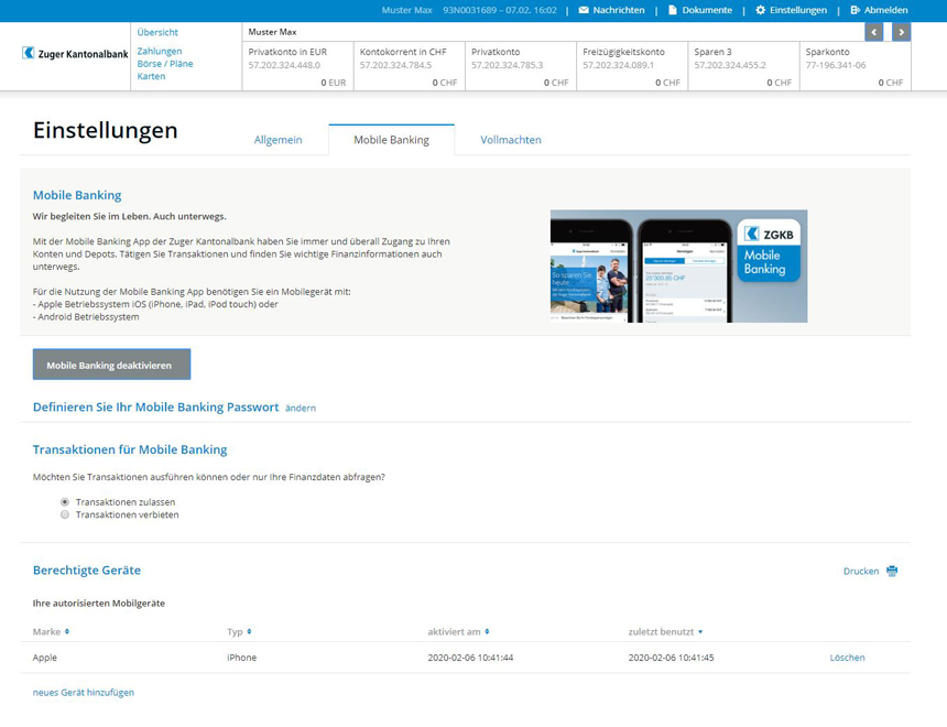 Mobile Banking Aktivierungscode - Zuger Kantonalbank