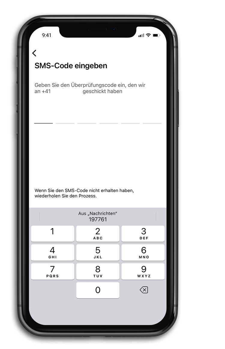 Mobiltelefon mit Eingabemaske eines Verifikationscodes